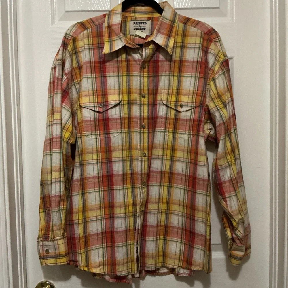 Painted Desert Wrangler Vintage Plaid Long Sleeve Shirt Orange Green Blue XL